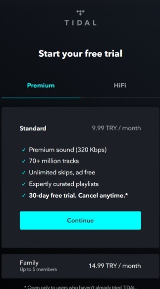 TIDAL Premium訂閱方案