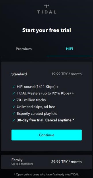 TIDAL HIFI訂閱方案