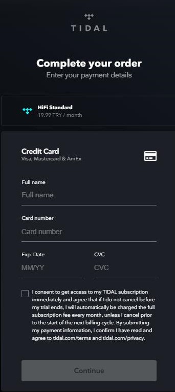 TIDAL信用卡付費畫面