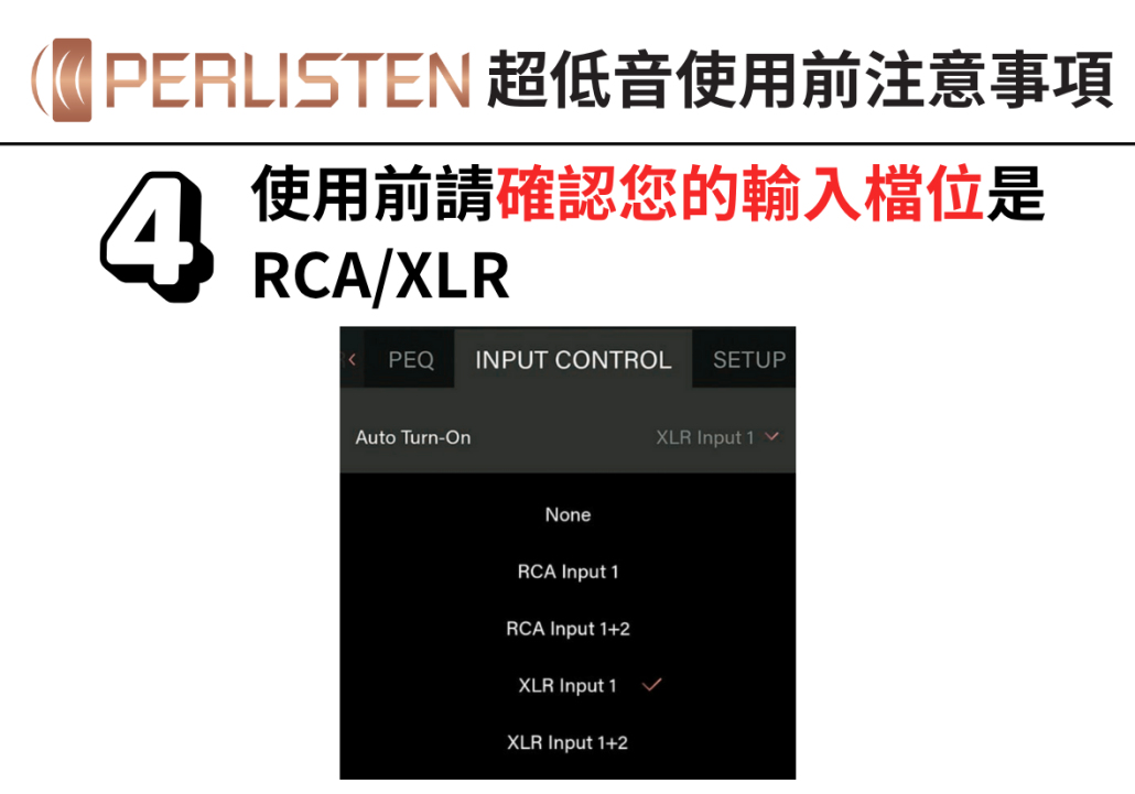 使用前請確認您的輸入檔位是RCA/XLR